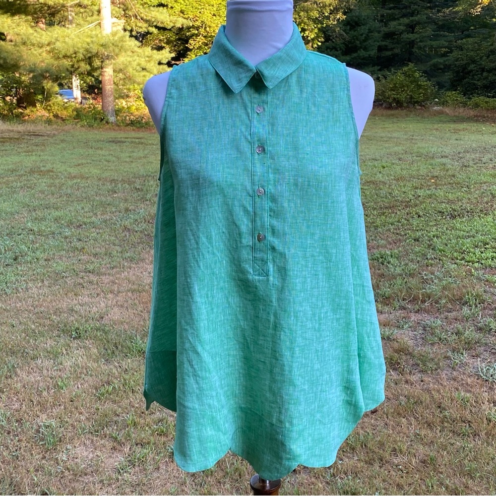 SARA CAMPBELL TOP BLOUSE TUNIC GREEN SLEEVELESS LINEN SCALLOP HEMLINE SIZE S USA